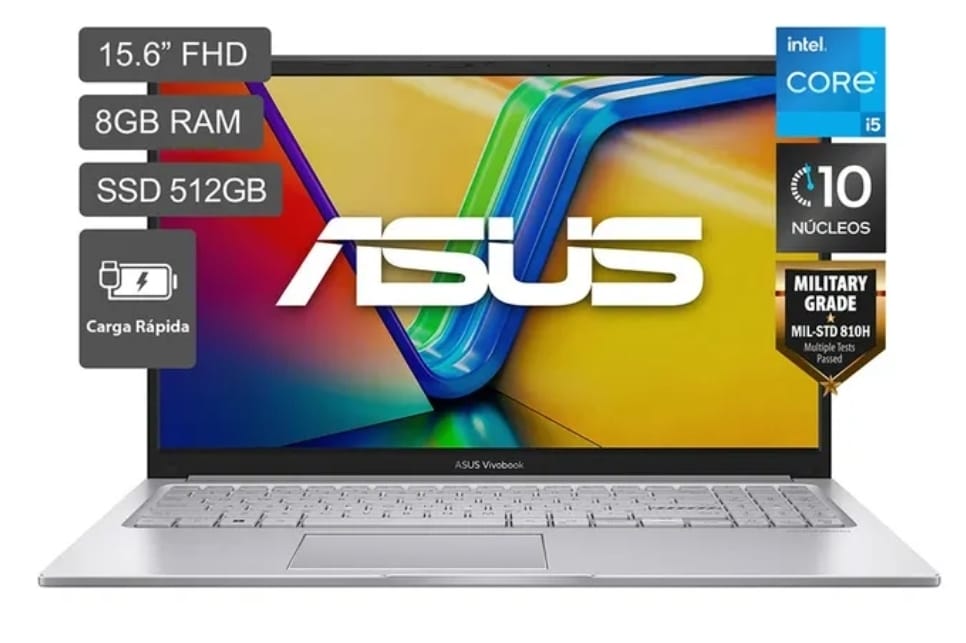 Asus Vivobook X1504VA-NJ1661W, Core I5-1334U Hasta 4.6GHz, 8GB DDR4, 512GB PCIe G3, 15.6 FHD (1920x1080), WiFi, Bluetooth, Webcam, Win11 Home, Color Silver, Teclado Español